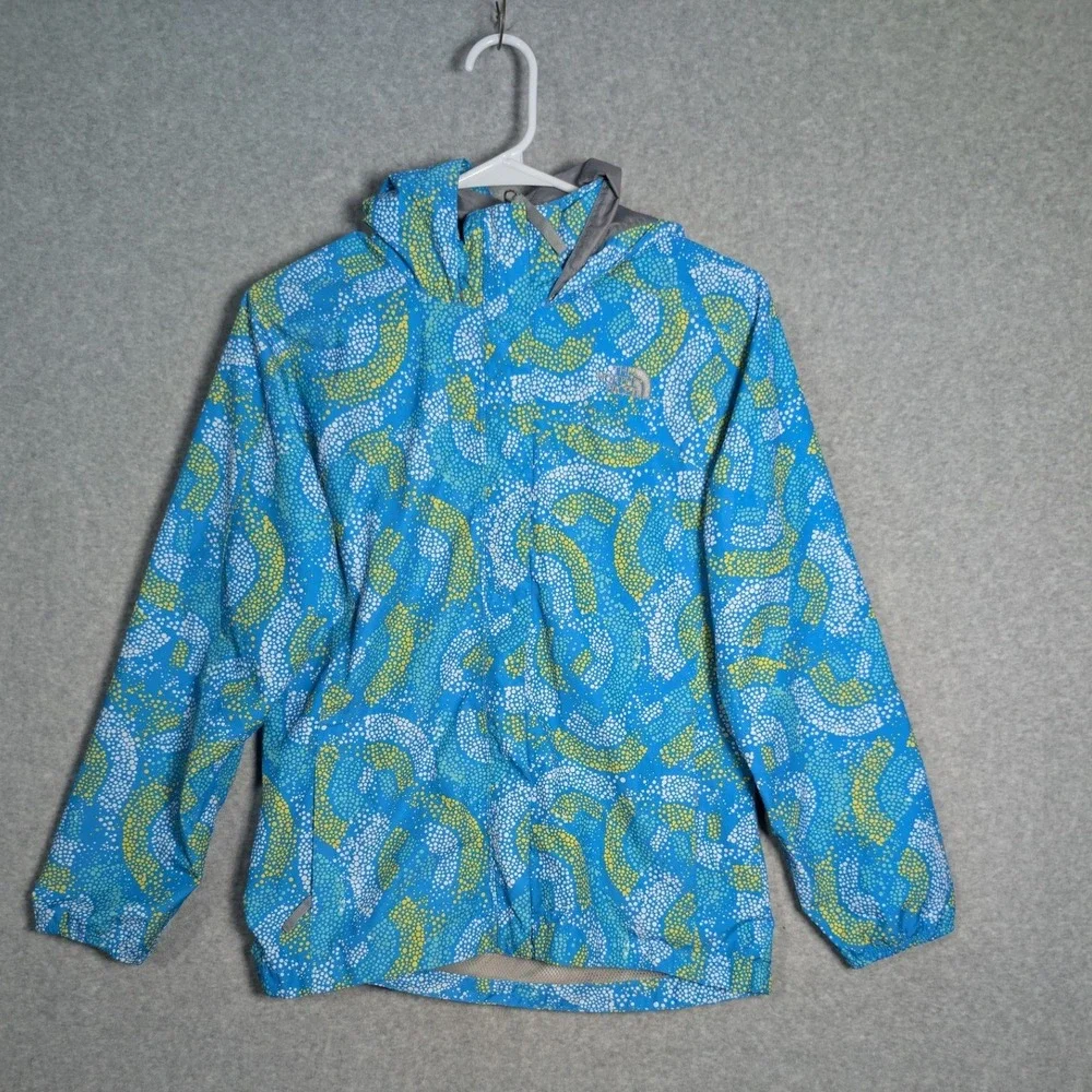 The North Face Kids Blue Yellow Dotted Print Hooded Rain Jacket Windbreaker L/G